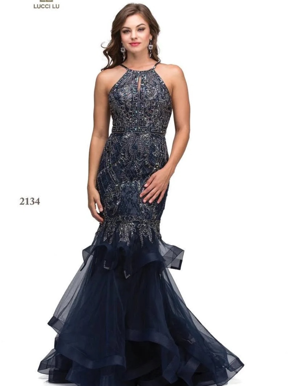 Lucci Lu Navy Beaded Halter Mermaid Prom Pageant Formal Dress size 6